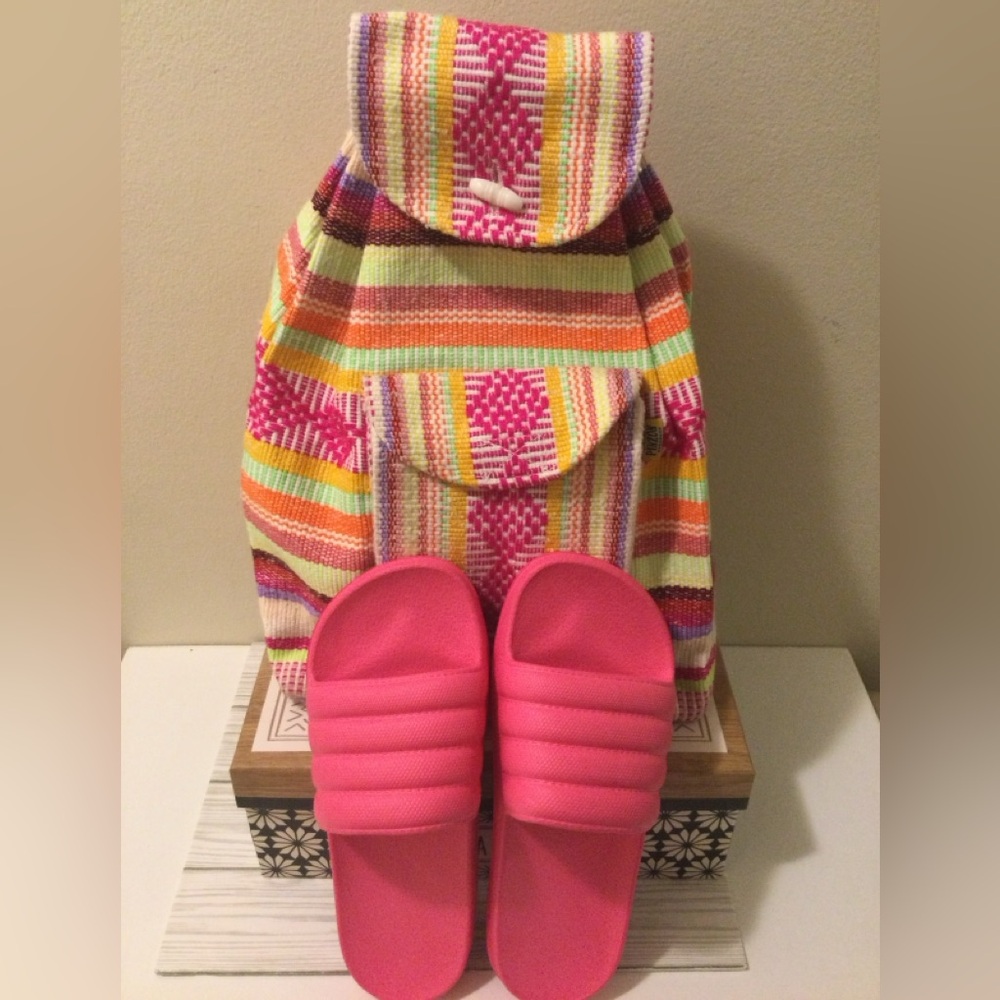 Colorful Striped Backpack and Pink Slides Bundle